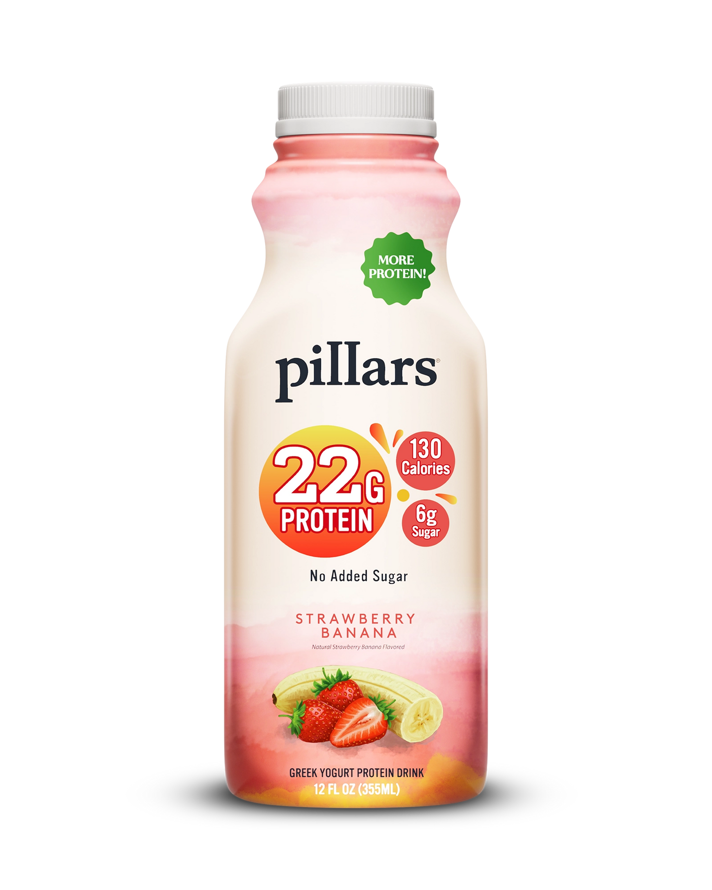 Front view of Pillars Strawberry Banana Drinkable Yogurt 12 oz bottle, label showing 22g of protein and 130 calories claims