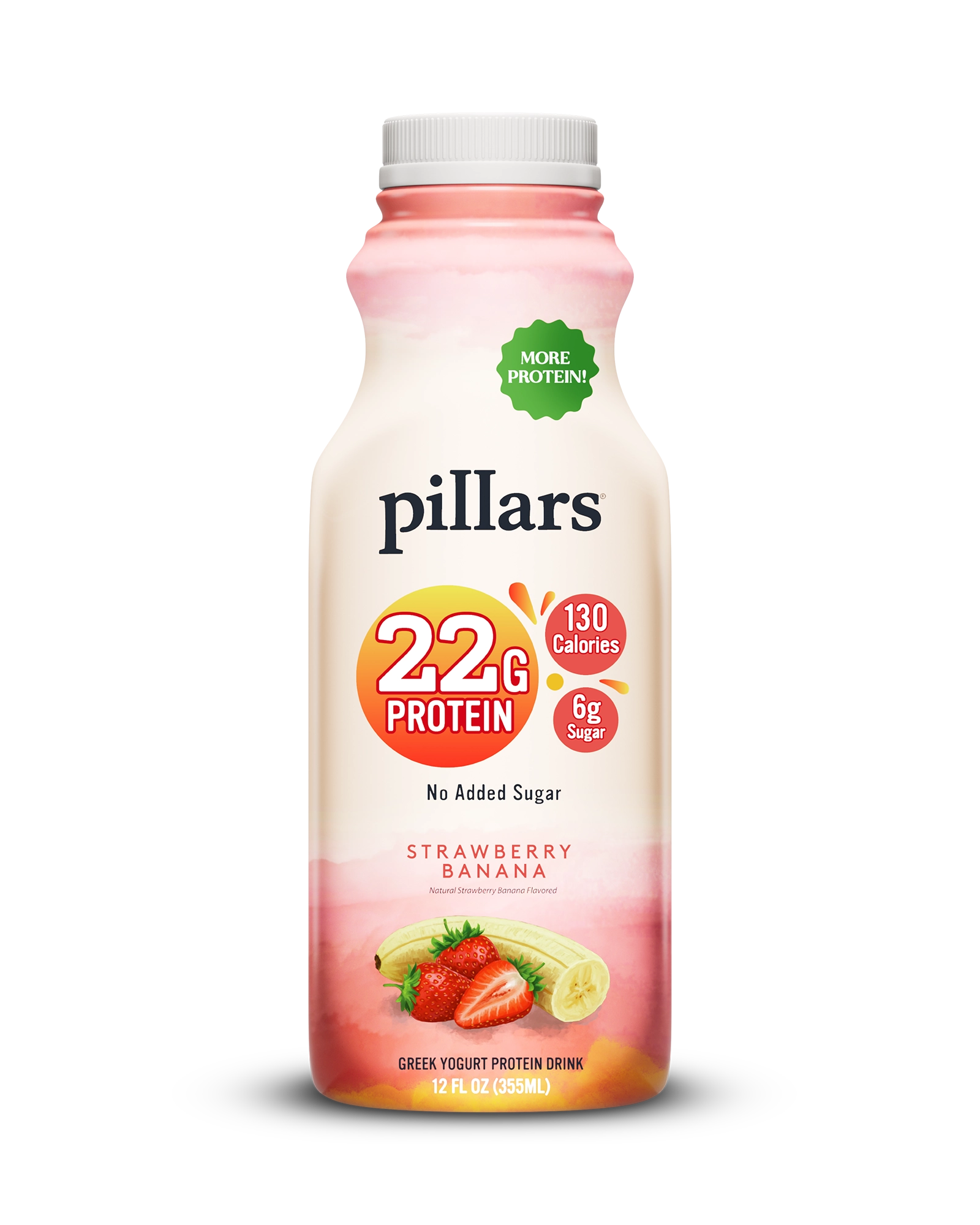 Front view of Pillars Strawberry Banana Drinkable Yogurt 12 oz bottle, label showing 22g of protein and 130 calories claims