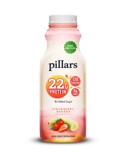 Front view of Pillars Strawberry Banana Drinkable Yogurt 12 oz bottle, label showing 22g of protein and 130 calories claims
