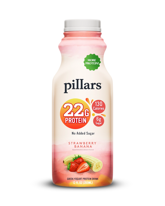 Front view of Pillars Strawberry Banana Drinkable Yogurt 12 oz bottle, label showing 22g of protein and 130 calories claims