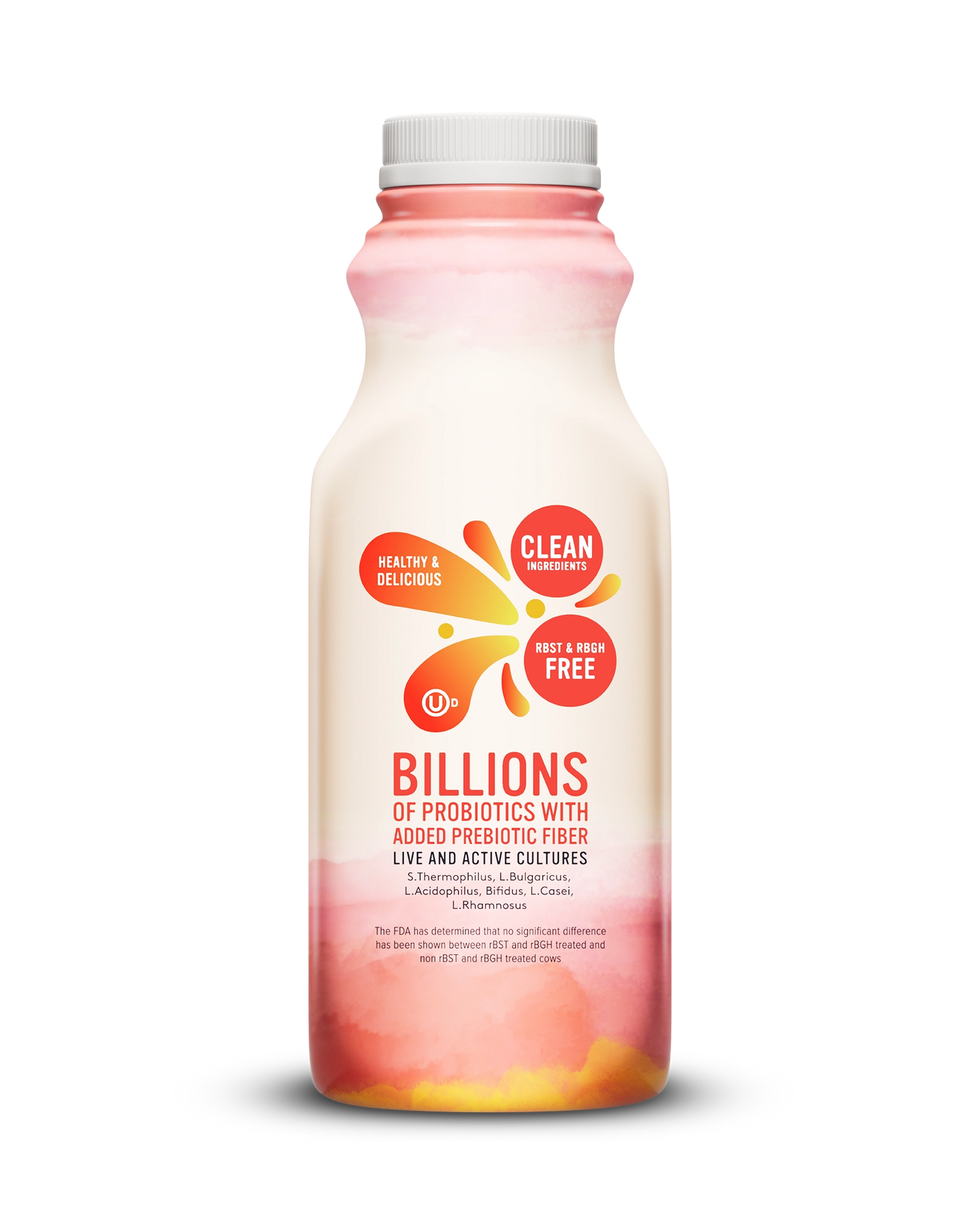 Side view of Pillars Strawberry Banana Drinkable Yogurt bottle, label showing live and active cultures claim