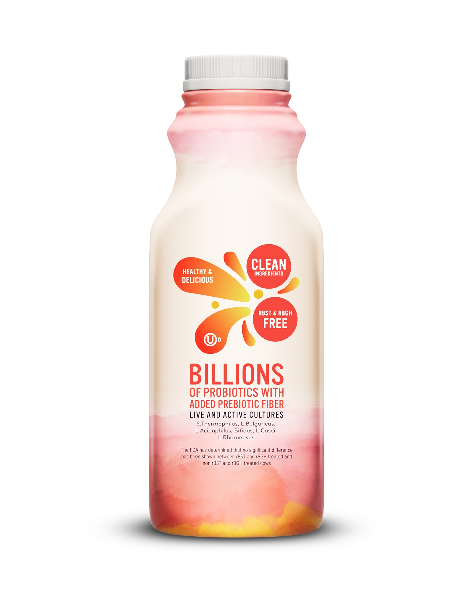 Side view of Pillars Strawberry Banana Drinkable Yogurt bottle, label showing live and active cultures claim