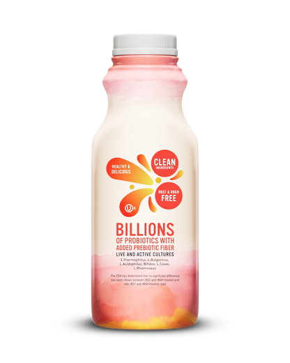 Side view of Pillars Strawberry Banana Drinkable Yogurt bottle, label showing live and active cultures claim
