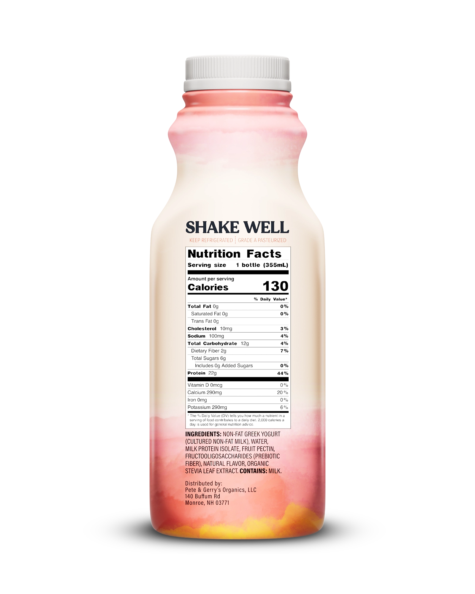 Side view of Pillars Strawberry Banana Drinkable Yogurt bottle, label showing the Nutrition Facts panel