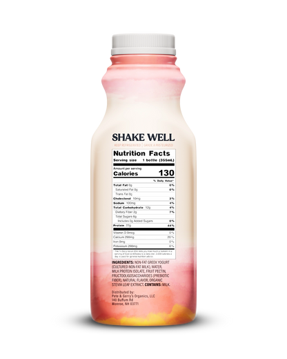 Side view of Pillars Strawberry Banana Drinkable Yogurt bottle, label showing the Nutrition Facts panel