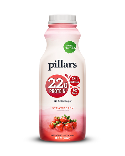 Front of Pillars Drinkable Yogurt 12 oz Strawberry flavor with 22g of protein and no added sugar