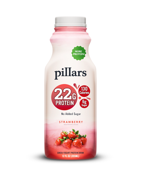 Front view of Pillars Strawberry Drinkable Yogurt 12 oz bottle, label showing 22g of protein and 130 calories claims