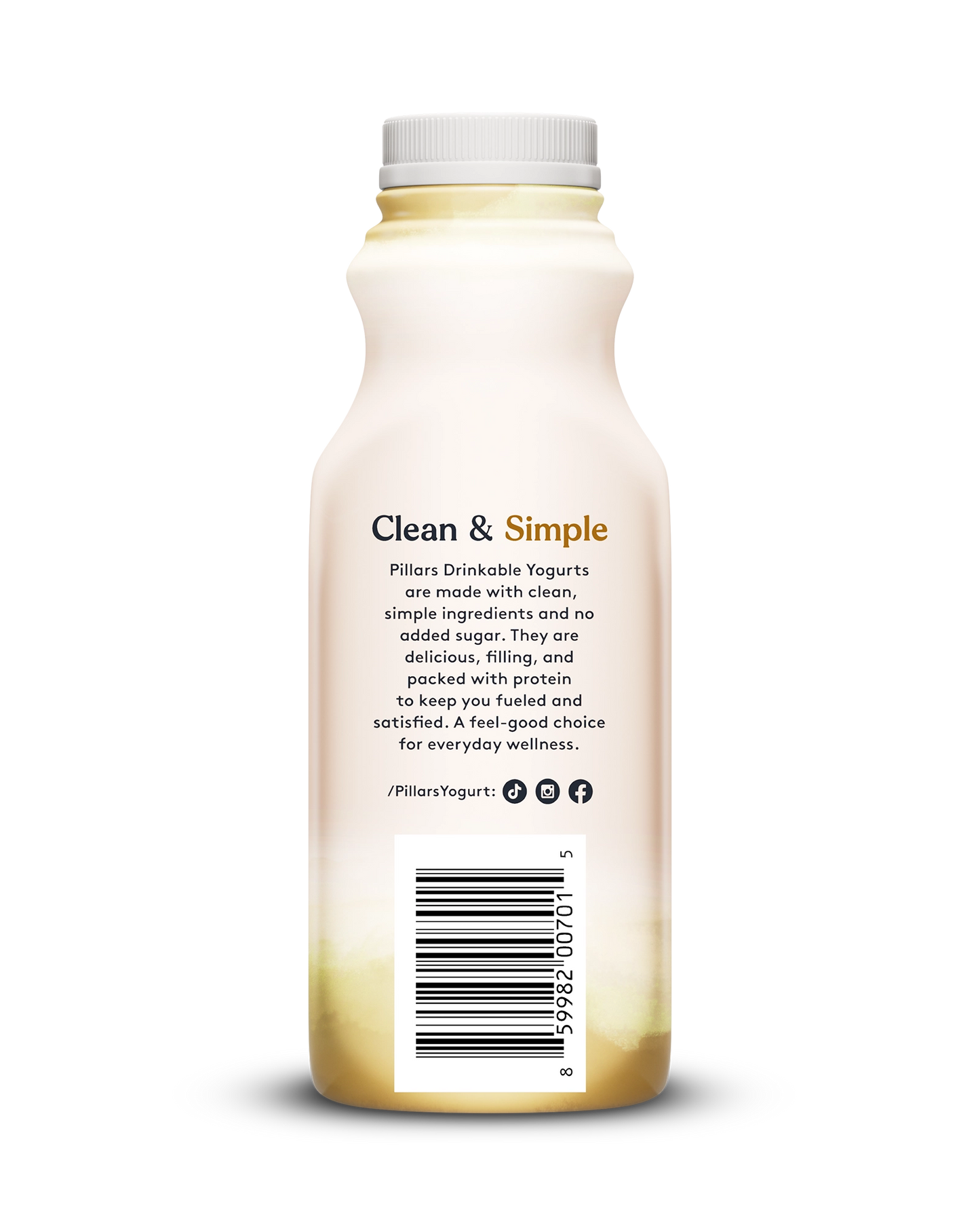 Back view of Pillars Vanilla Drinkable Yogurt bottle, label showing 'Clean and Simple' phrase and social media icons