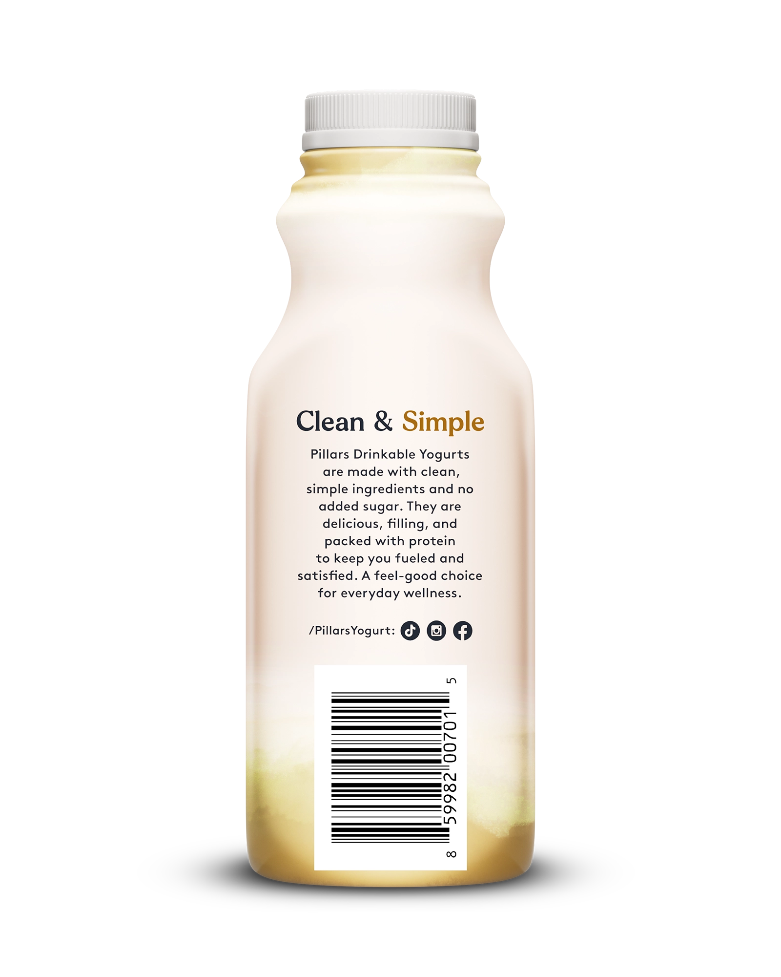 Back view of Pillars Vanilla Drinkable Yogurt bottle, label showing 'Clean and Simple' phrase and social media icons