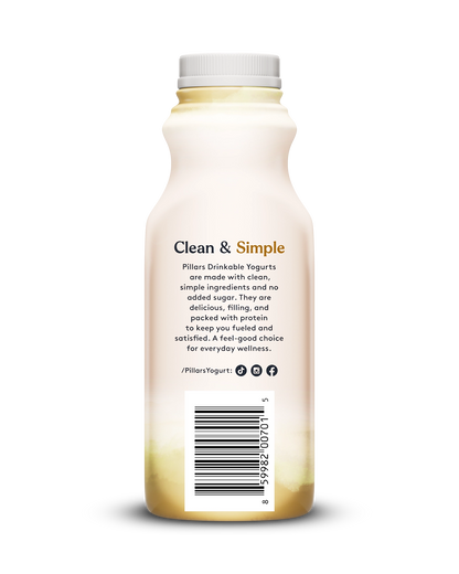 Back view of Pillars Vanilla Drinkable Yogurt bottle, label showing 'Clean and Simple' phrase and social media icons
