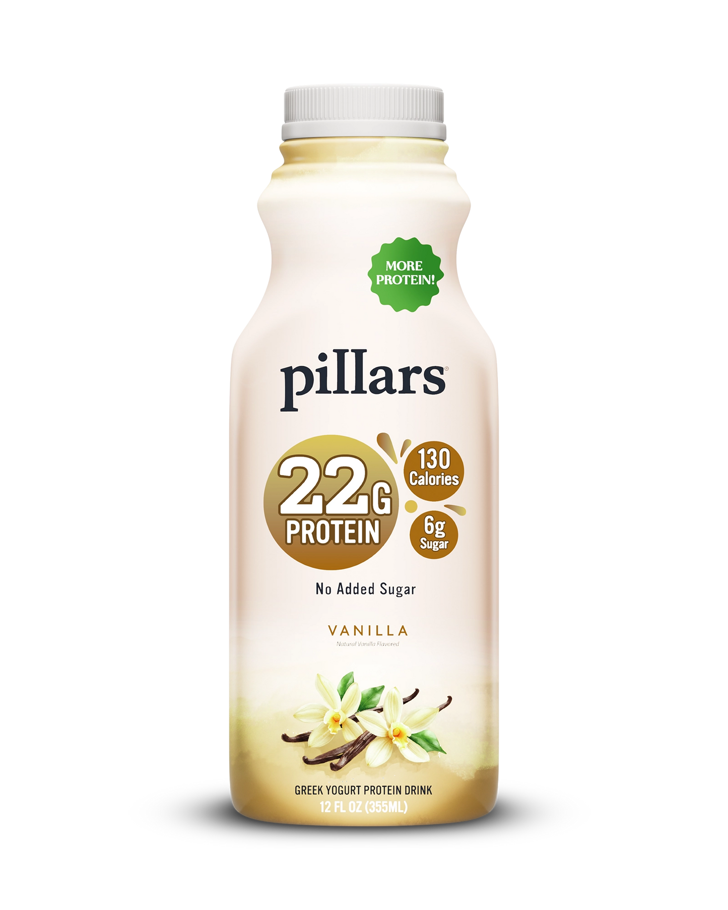 Front view of Pillars Vanilla Drinkable Yogurt 12 oz bottle, label showing 22g of protein and 130 calories claims
