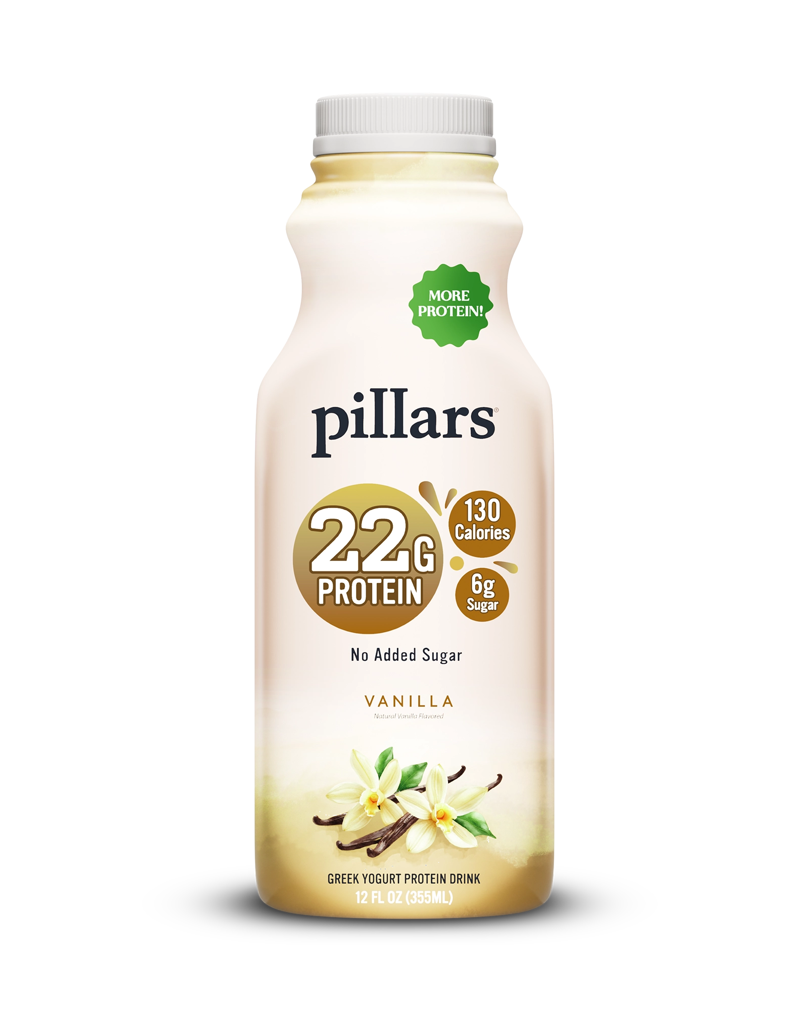 Front view of Pillars Vanilla Drinkable Yogurt 12 oz bottle, label showing 22g of protein and 130 calories claims