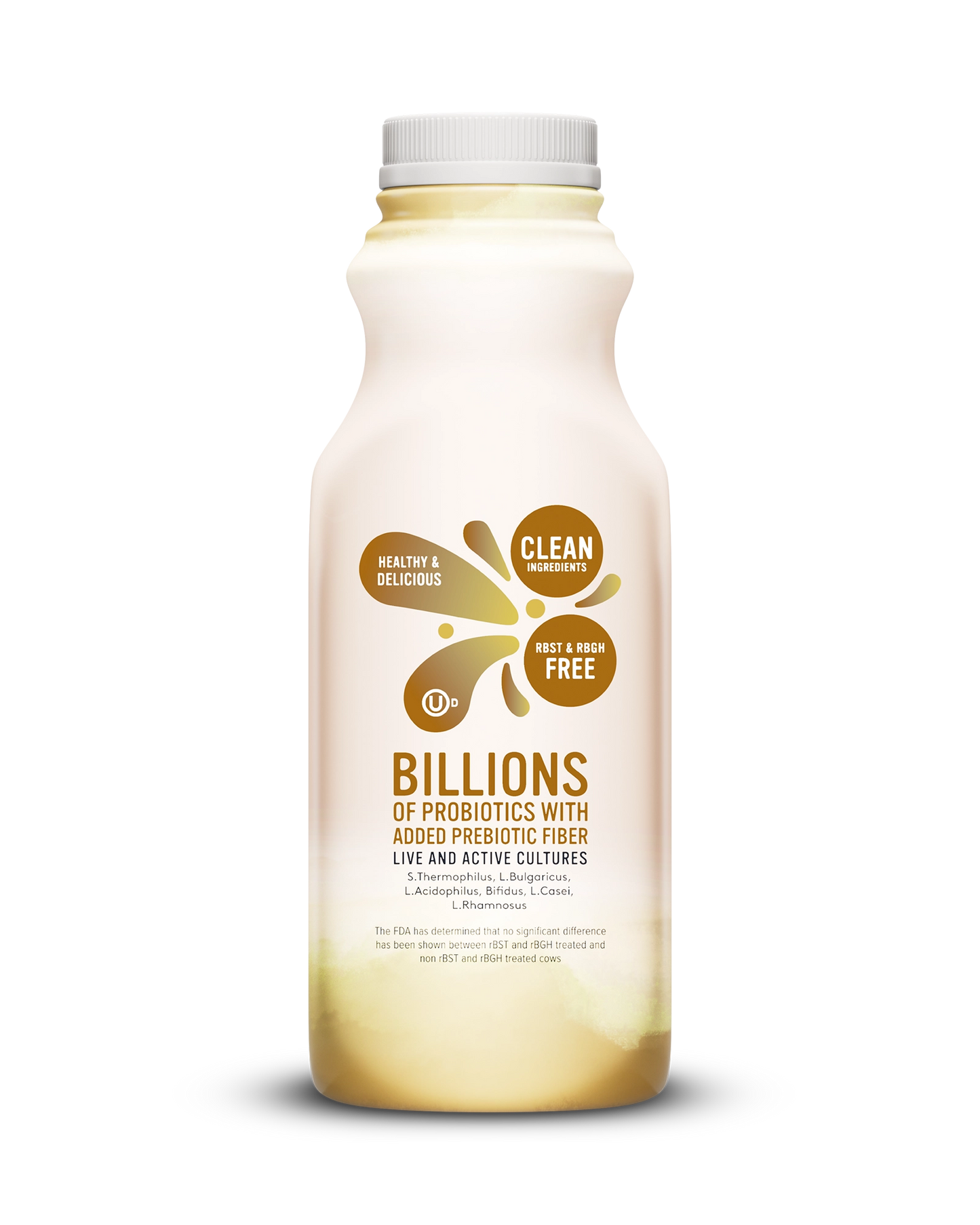 Side view of Pillars Vanilla Drinkable Yogurt bottle, label showing live and active cultures claim