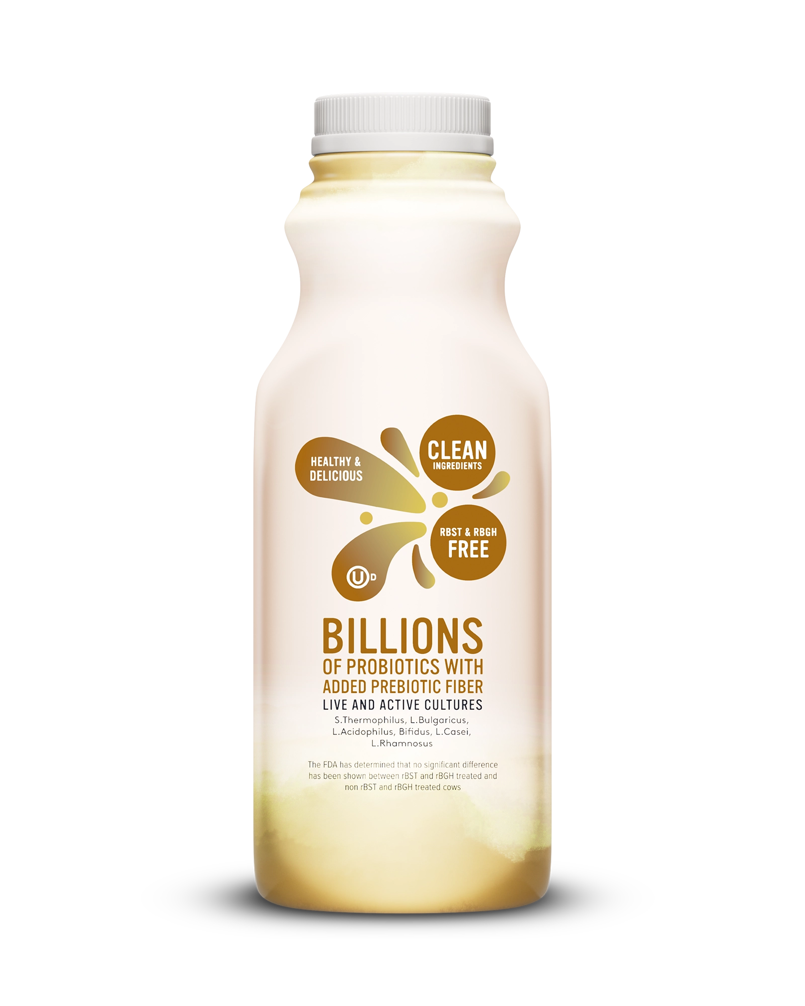 Side view of Pillars Vanilla Drinkable Yogurt bottle, label showing live and active cultures claim