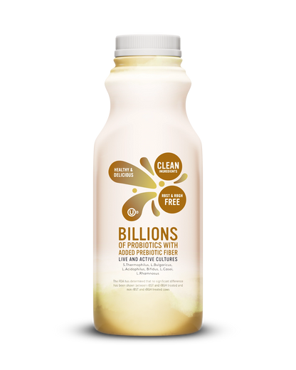 Side view of Pillars Vanilla Drinkable Yogurt bottle, label showing live and active cultures claim