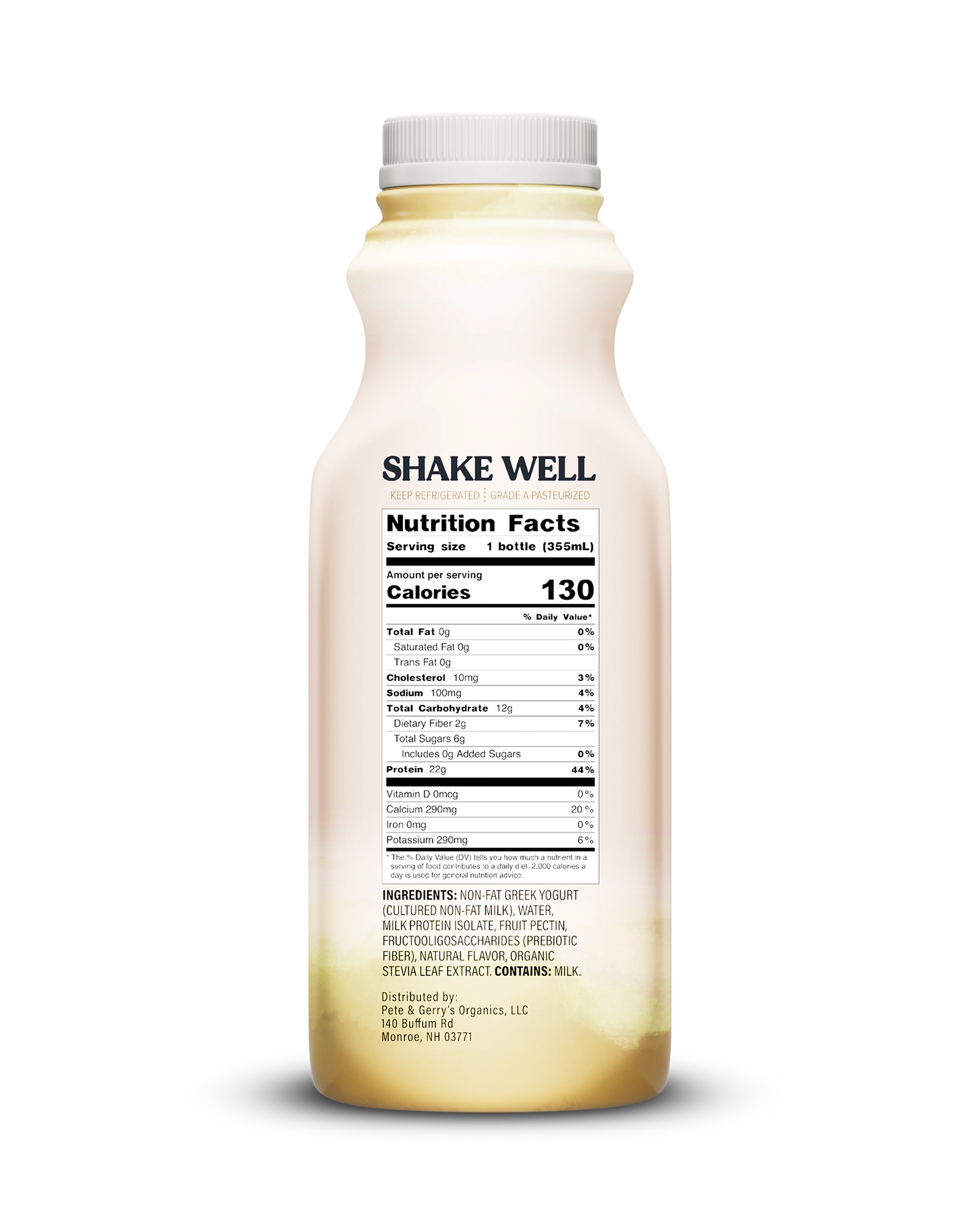 Side view of Pillars Vanilla Drinkable Yogurt bottle, label showing the Nutrition Facts panel