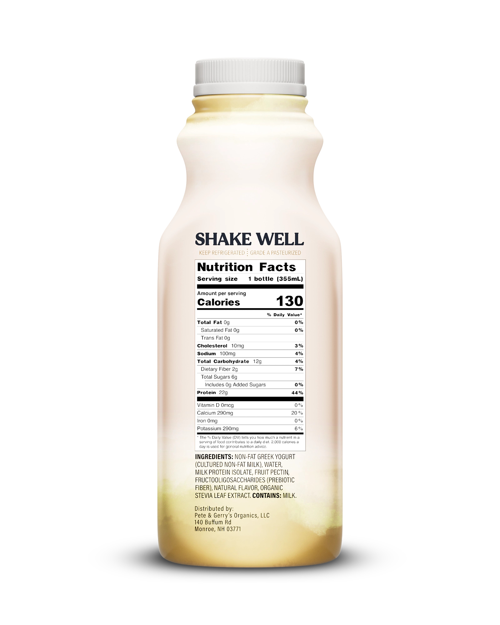 Side view of Pillars Vanilla Drinkable Yogurt bottle, label showing the Nutrition Facts panel