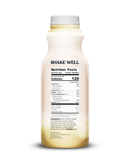 Side view of Pillars Vanilla Drinkable Yogurt bottle, label showing the Nutrition Facts panel