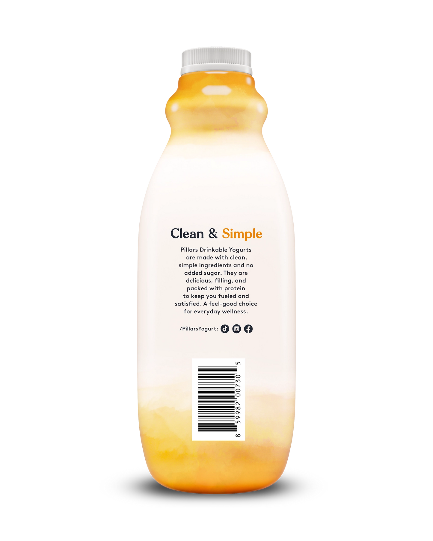 Back view of Pillars Mango Drinkable Yogurt bottle, label showing 'Clean and Simple' phrase and social media icons