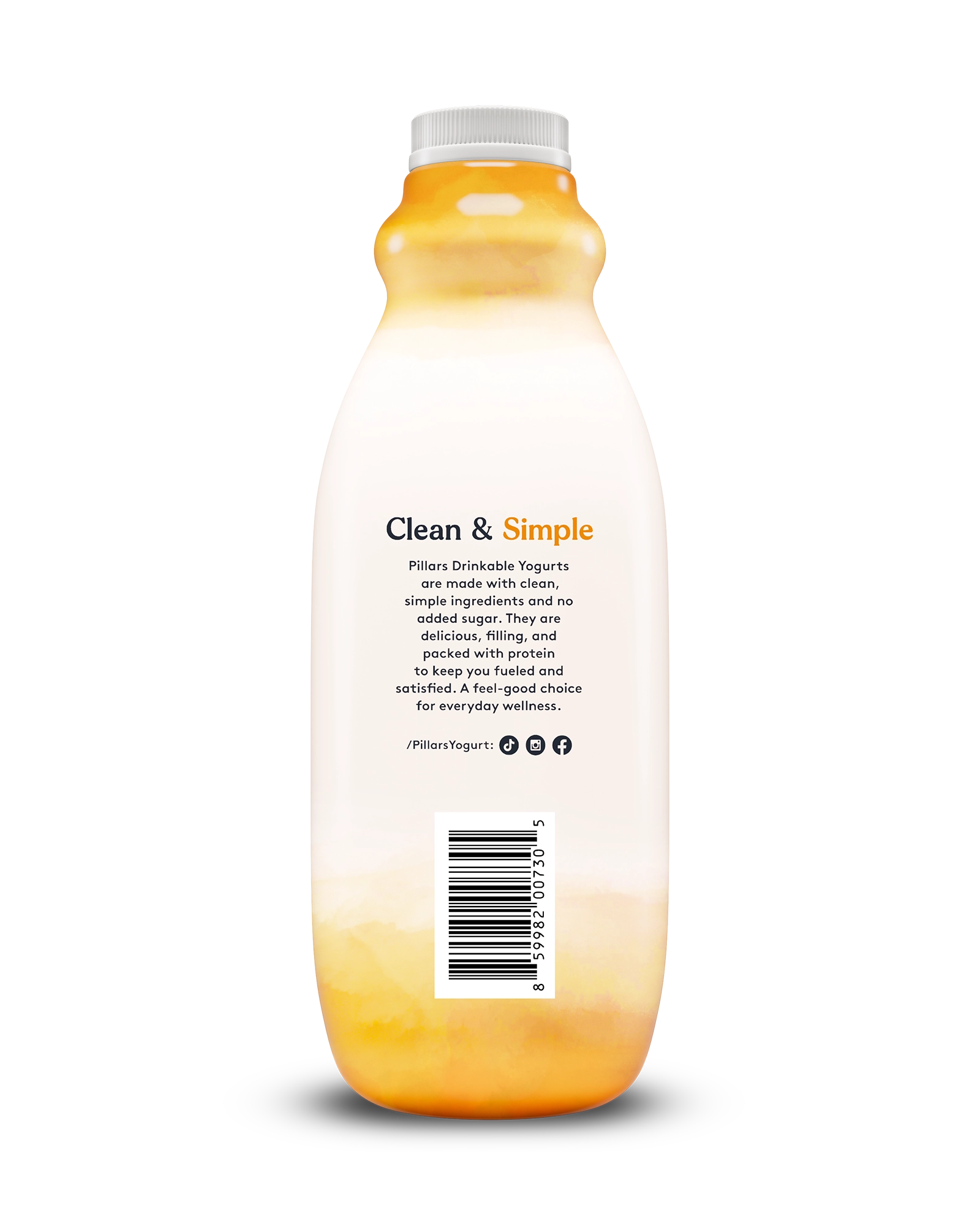 Back view of Pillars Mango Drinkable Yogurt bottle, label showing 'Clean and Simple' phrase and social media icons