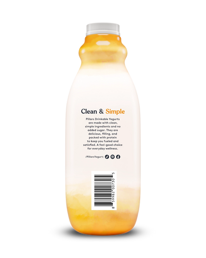 Back view of Pillars Mango Drinkable Yogurt bottle, label showing 'Clean and Simple' phrase and social media icons