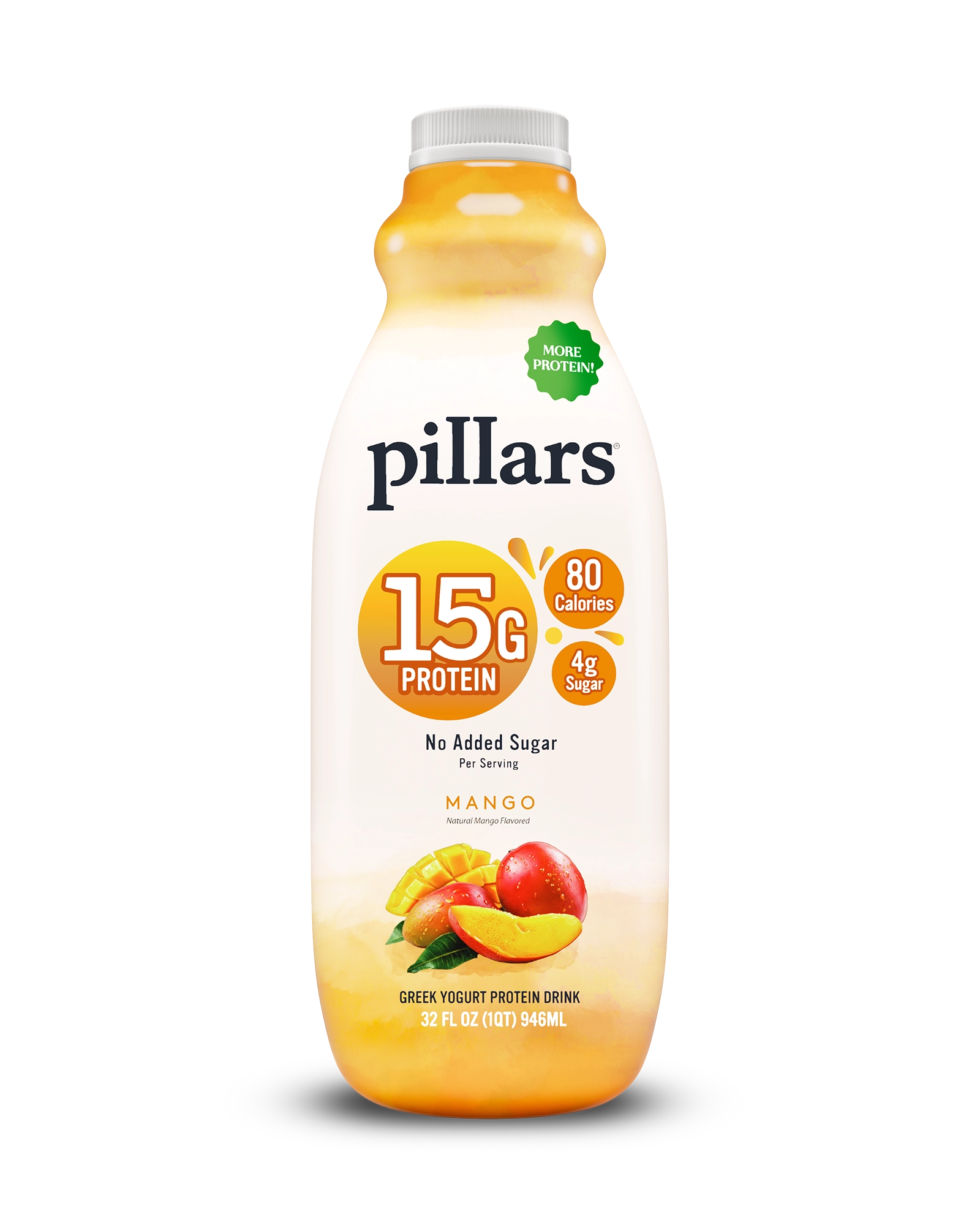 Front view of Pillars Mango Drinkable Yogurt 32 oz bottle, label showing 15g of protein and 80 calories claims