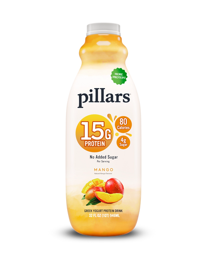 Front view of Pillars Mango Drinkable Yogurt 32 oz bottle, label showing 15g of protein and 80 calories claims