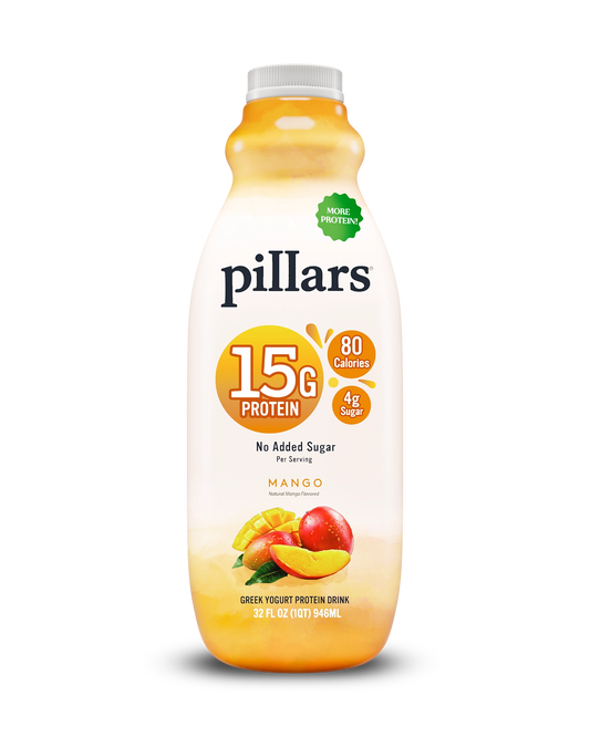 Front view of Pillars Mango Drinkable Yogurt 32 oz bottle, label showing 15g of protein and 80 calories claims