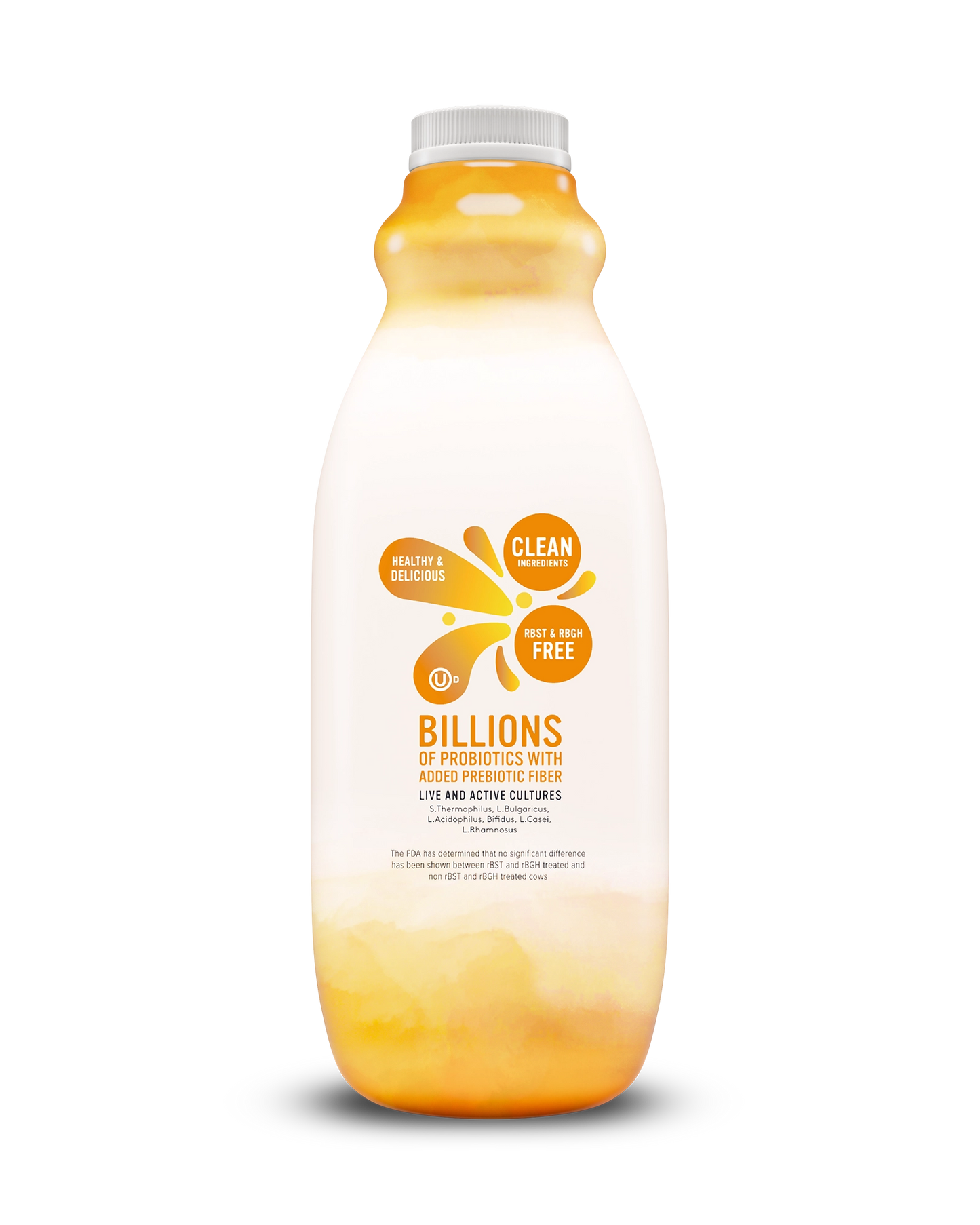 Side view of Pillars Mango Drinkable Yogurt bottle, label showing live and active cultures claim