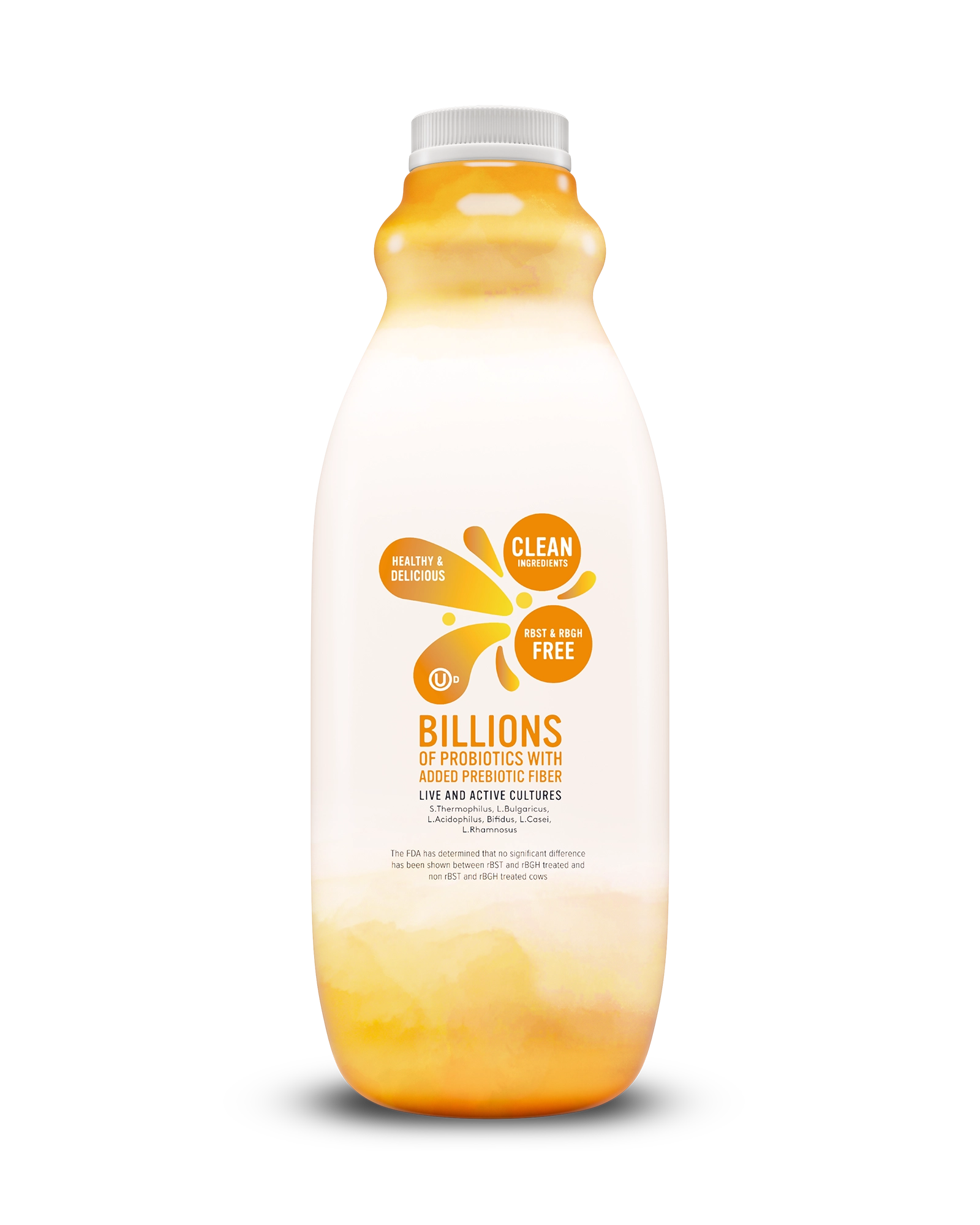 Side view of Pillars Mango Drinkable Yogurt bottle, label showing live and active cultures claim