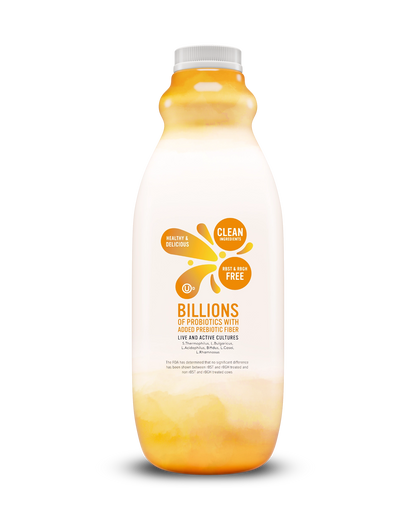 Side view of Pillars Mango Drinkable Yogurt bottle, label showing live and active cultures claim