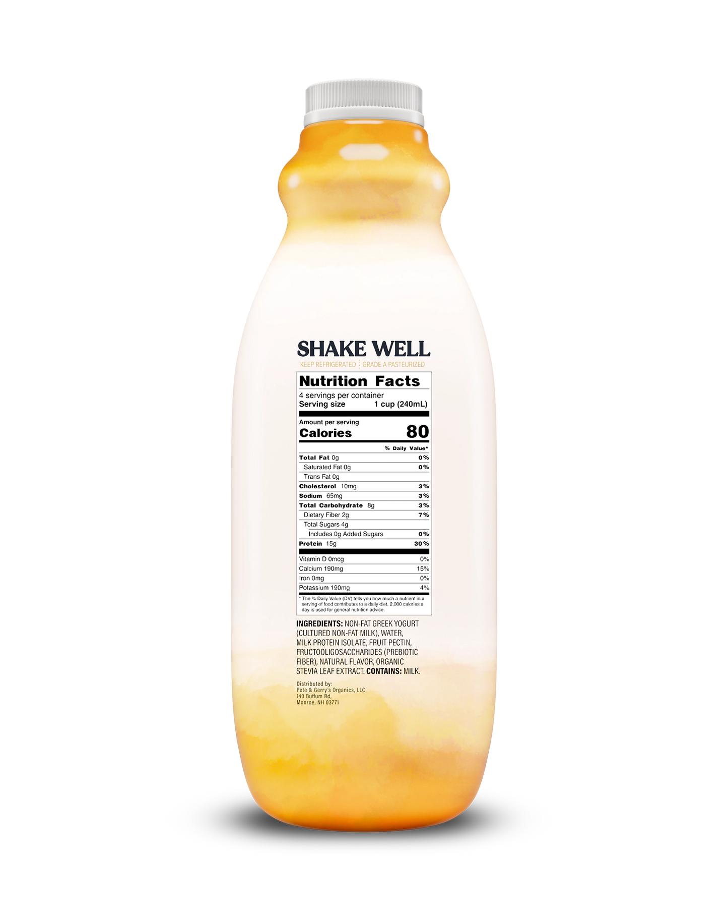 Side view of Pillars Mango Drinkable Yogurt bottle, label showing the Nutrition Facts panel