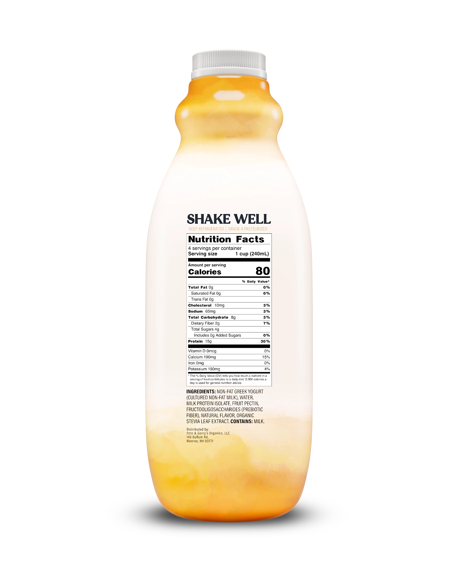 Side view of Pillars Mango Drinkable Yogurt bottle, label showing the Nutrition Facts panel
