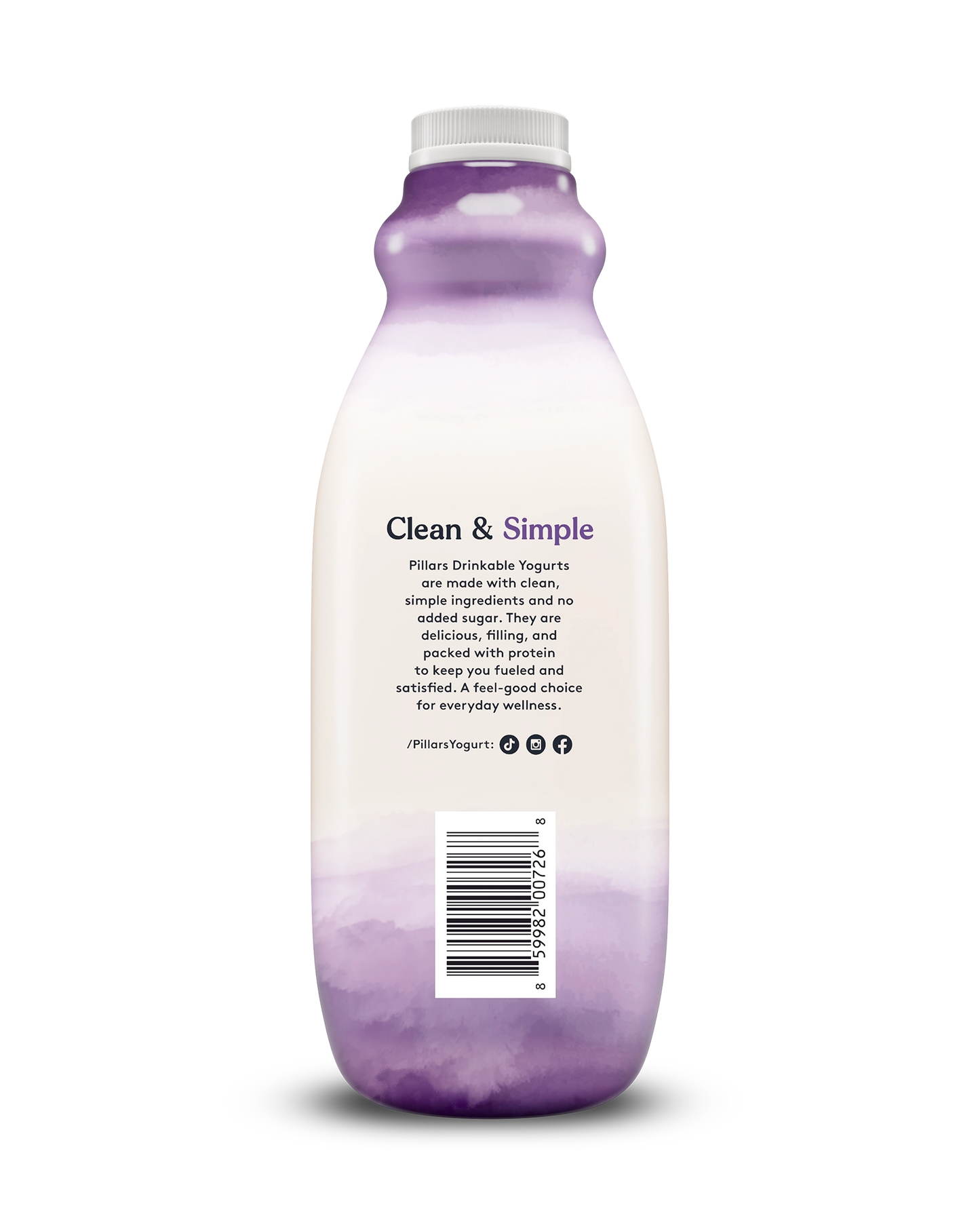 Back view of Pillars Mixed Berry Drinkable Yogurt bottle, label showing 'Clean and Simple' phrase and social media icons