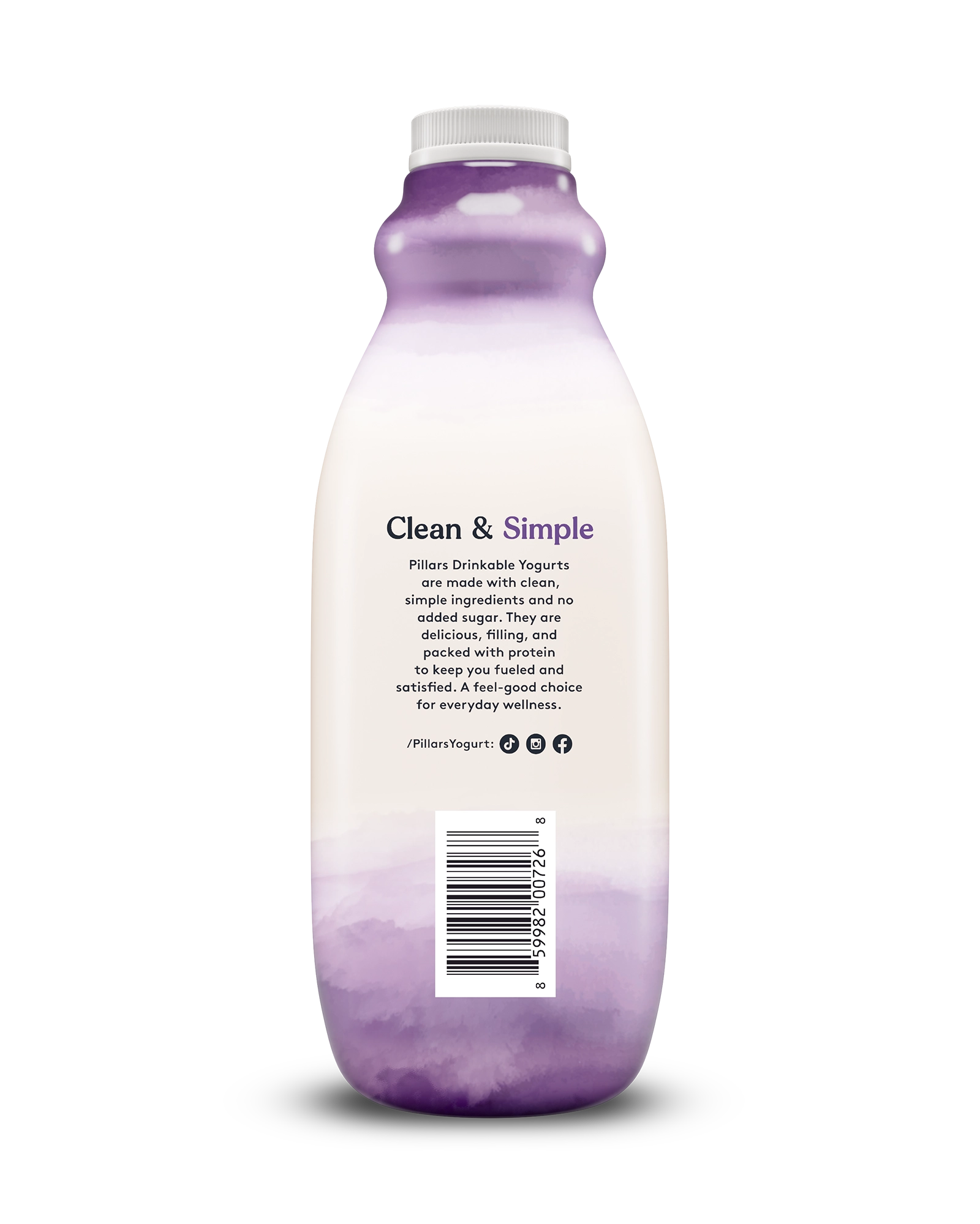 Back view of Pillars Mixed Berry Drinkable Yogurt bottle, label showing 'Clean and Simple' phrase and social media icons