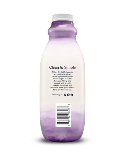 Back view of Pillars Mixed Berry Drinkable Yogurt bottle, label showing 'Clean and Simple' phrase and social media icons