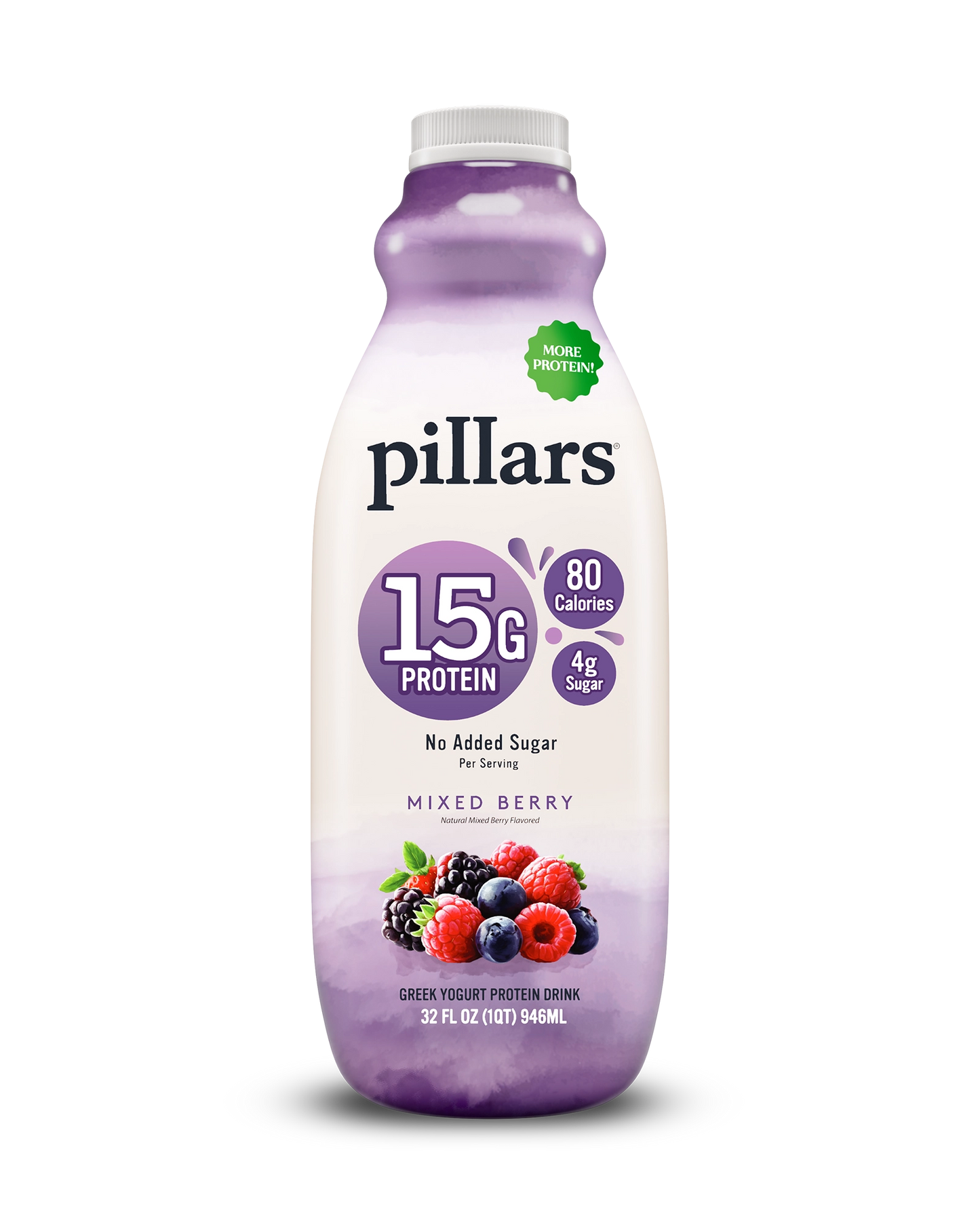 Front view of Pillars Mixed Berry Drinkable Yogurt 32 oz bottle, label showing 15g of protein and 80 calories claims