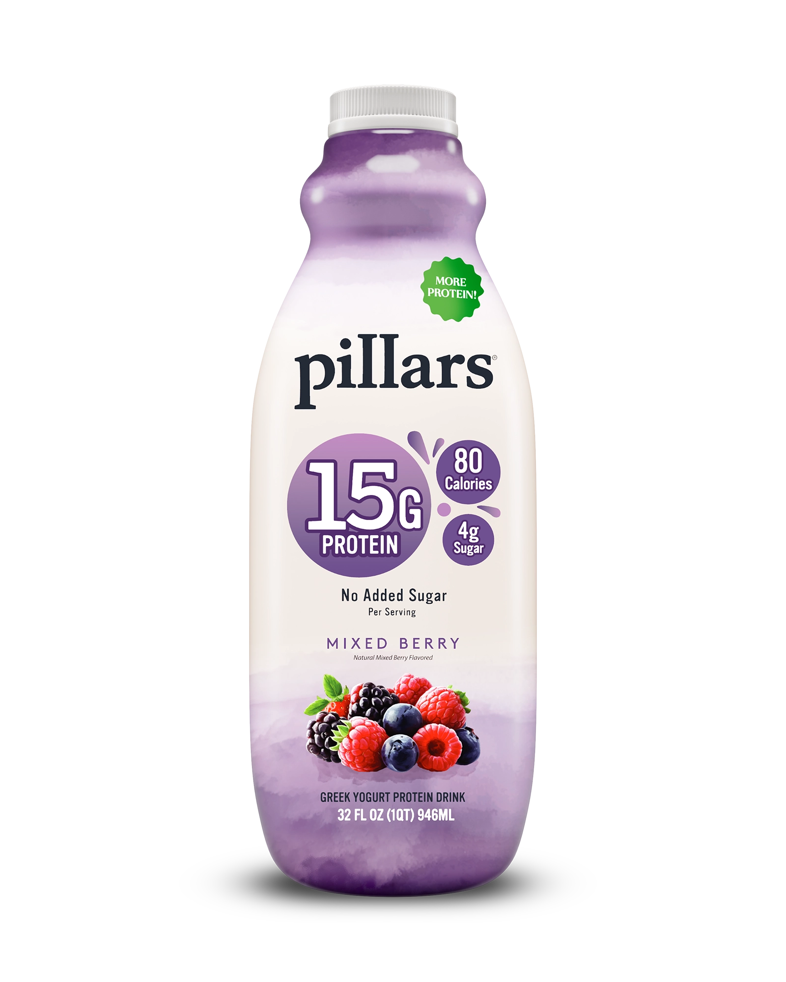 Front view of Pillars Mixed Berry Drinkable Yogurt 32 oz bottle, label showing 15g of protein and 80 calories claims