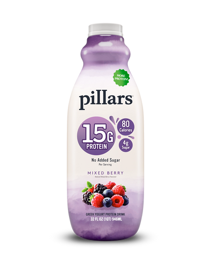 Front view of Pillars Mixed Berry Drinkable Yogurt 32 oz bottle, label showing 15g of protein and 80 calories claims