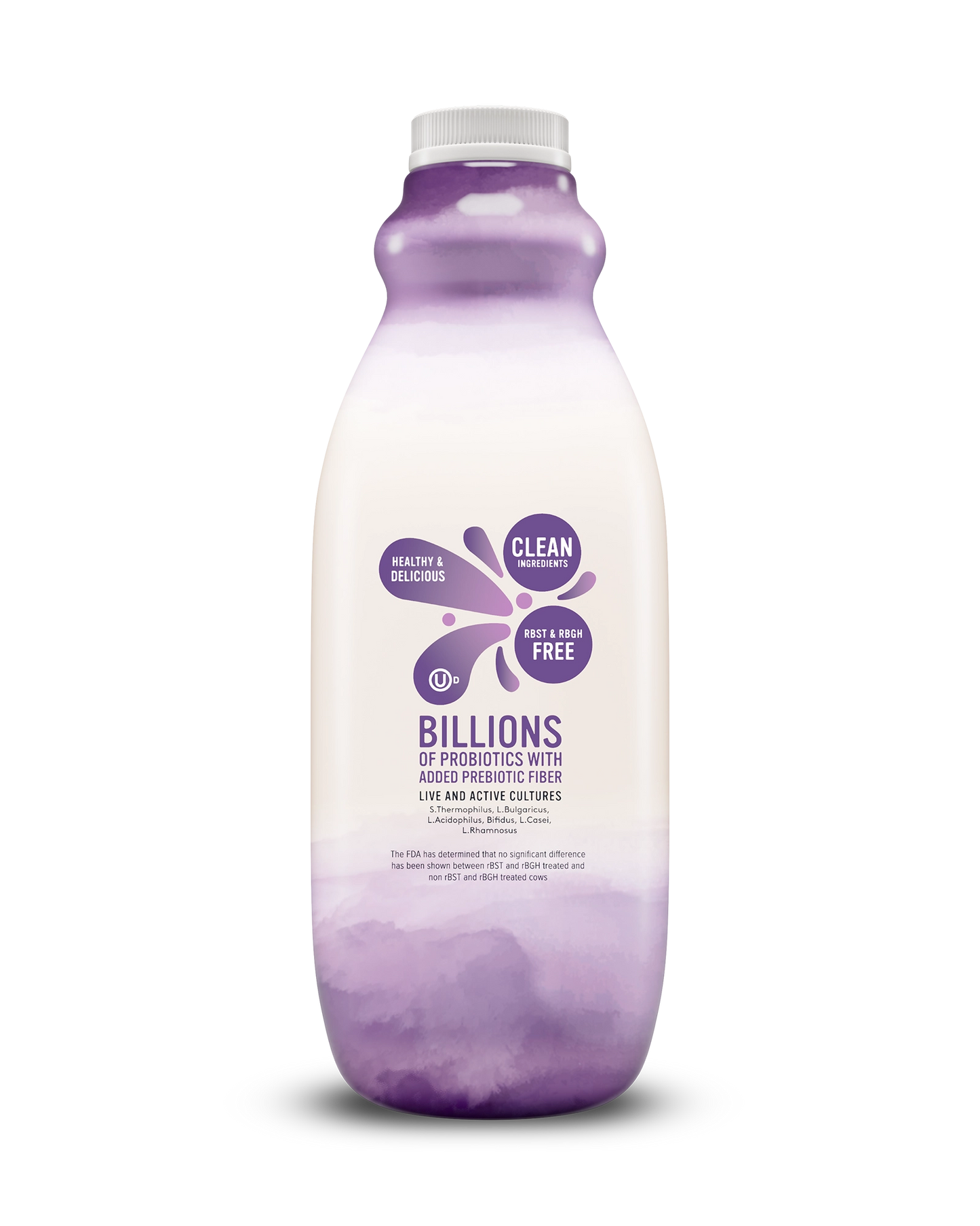 Side view of Pillars Mixed Berry Drinkable Yogurt bottle, label showing live and active cultures claim