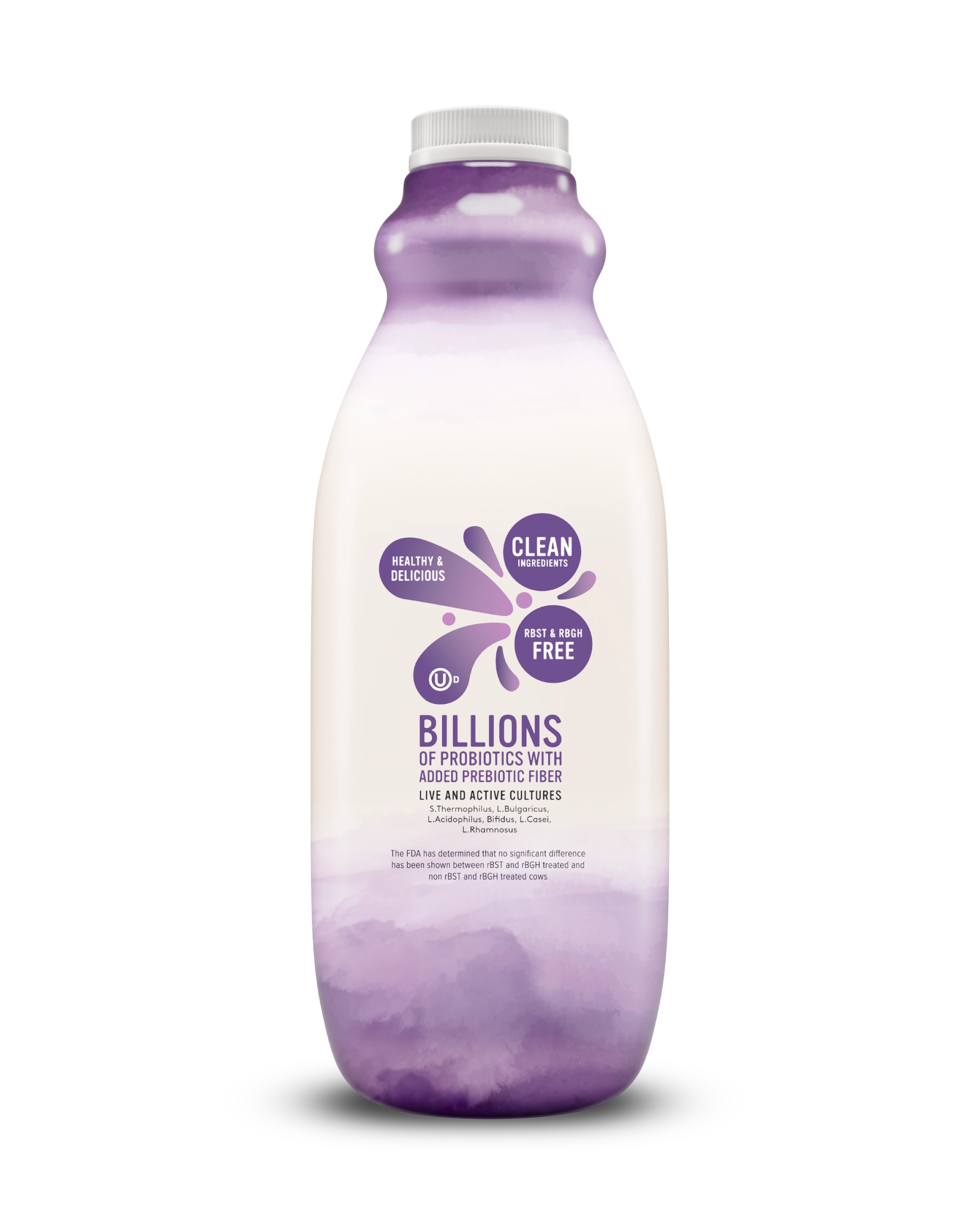 Side view of Pillars Mixed Berry Drinkable Yogurt bottle, label showing live and active cultures claim