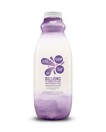 Side view of Pillars Mixed Berry Drinkable Yogurt bottle, label showing live and active cultures claim