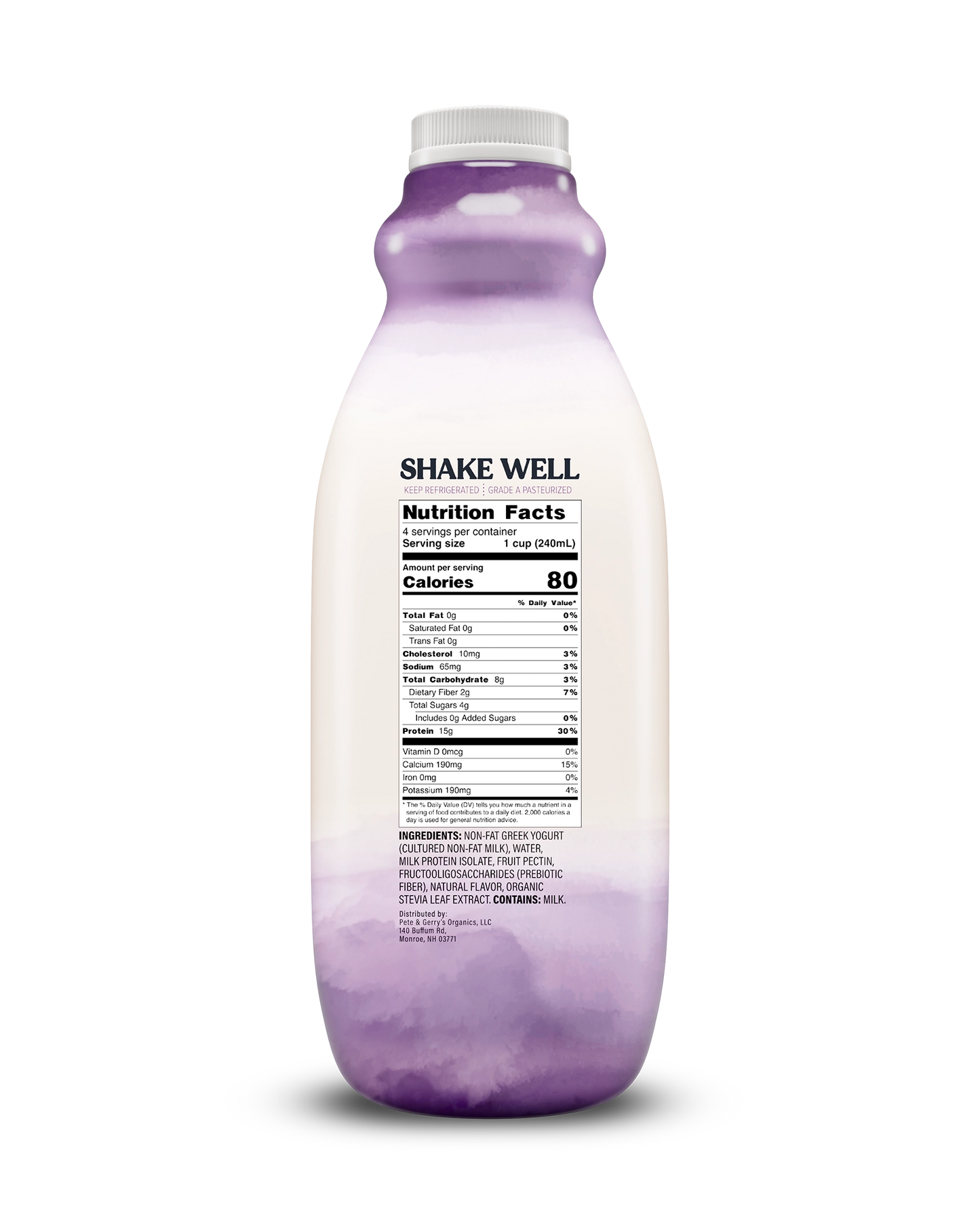 Side view of Pillars Mixed Berry Drinkable Yogurt bottle, label showing the Nutrition Facts panel