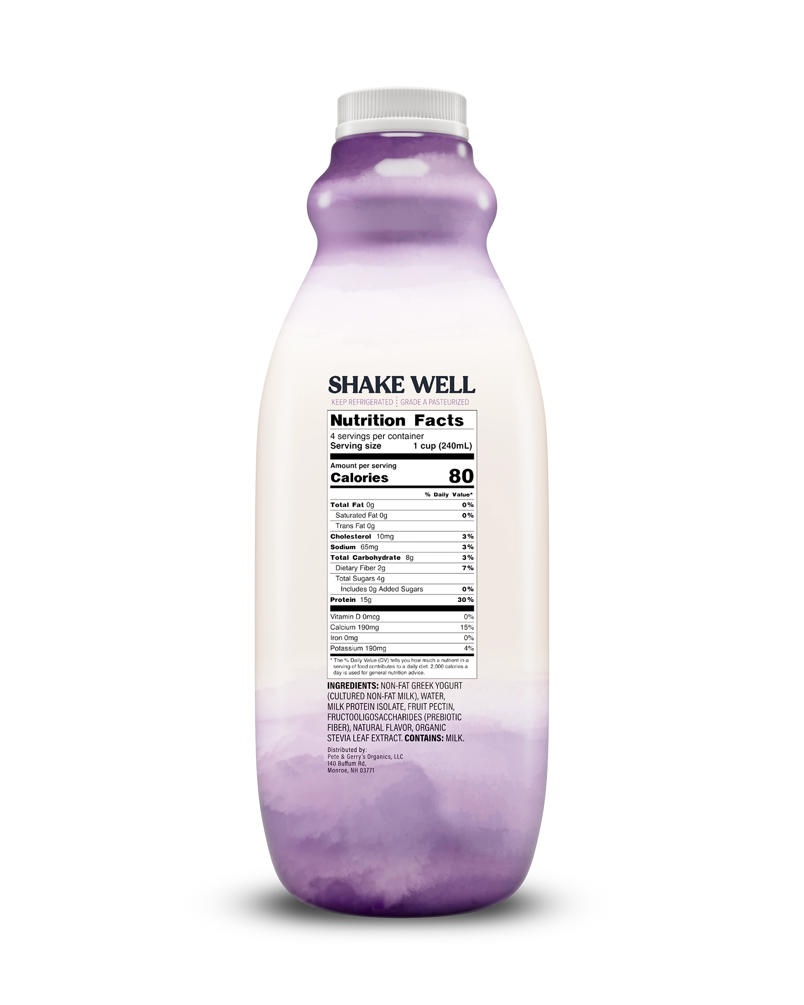 Side view of Pillars Mixed Berry Drinkable Yogurt bottle, label showing the Nutrition Facts panel