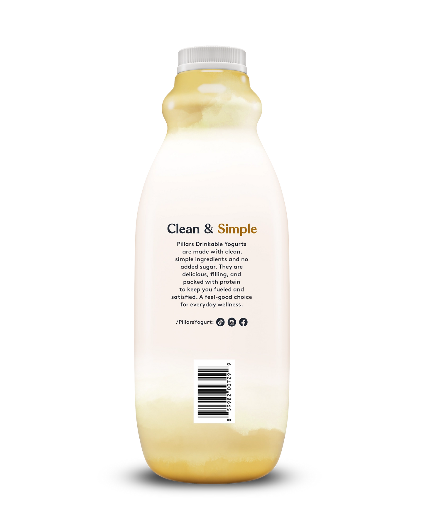Back view of Pillars Vanilla Drinkable Yogurt bottle, label showing 'Clean and Simple' phrase and social media icons