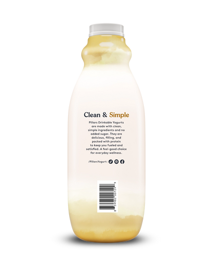 Back view of Pillars Vanilla Drinkable Yogurt bottle, label showing 'Clean and Simple' phrase and social media icons
