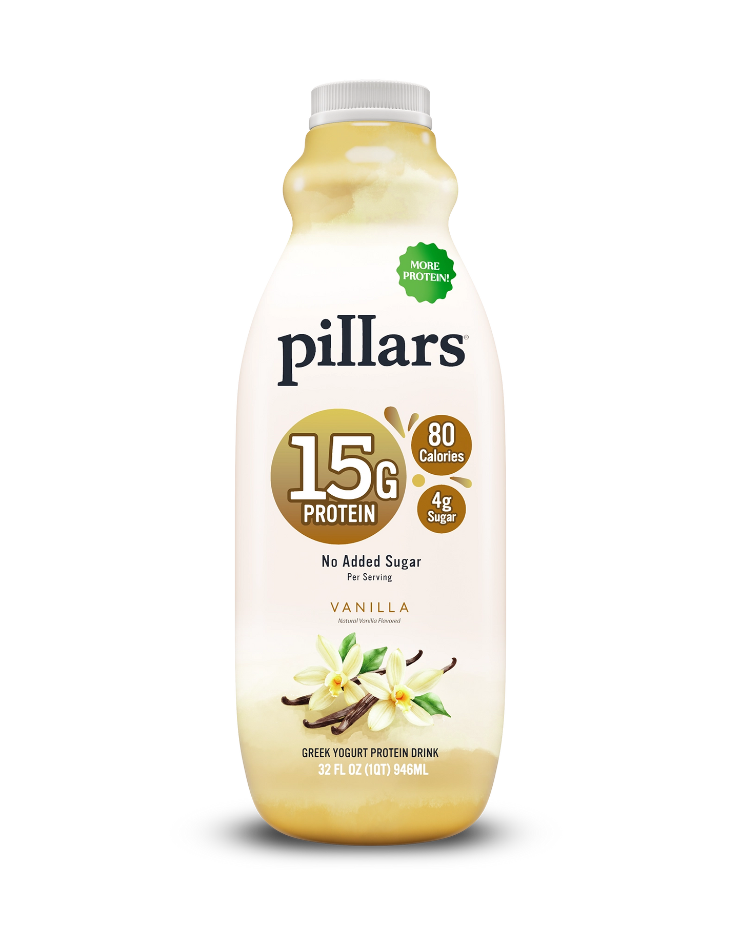 Front view of Pillars Vanilla Drinkable Yogurt 32 oz bottle, label showing 15g of protein and 80 calories claims