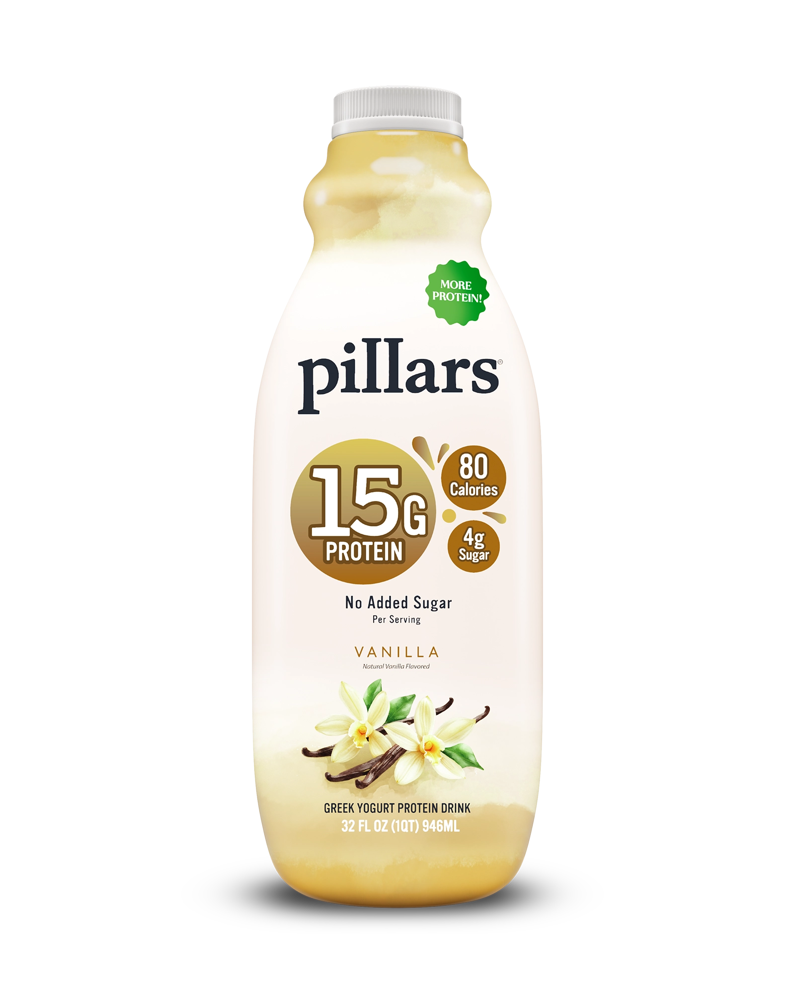 Front view of Pillars Vanilla Drinkable Yogurt 32 oz bottle, label showing 15g of protein and 80 calories claims