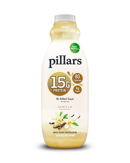 Front view of Pillars Vanilla Drinkable Yogurt 32 oz bottle, label showing 15g of protein and 80 calories claims