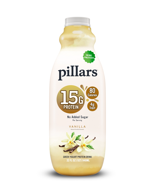 Front view of Pillars Vanilla Drinkable Yogurt 32 oz bottle, label showing 15g of protein and 80 calories claims